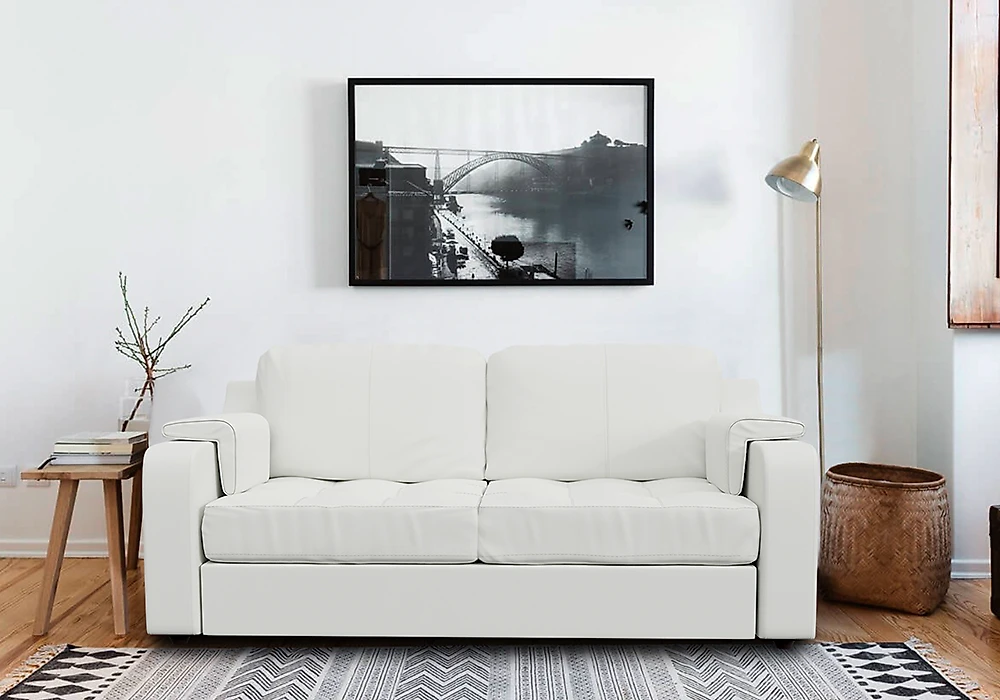 Светлый прямой диван Берета  2-х местный Дизайн 1 кожаный
