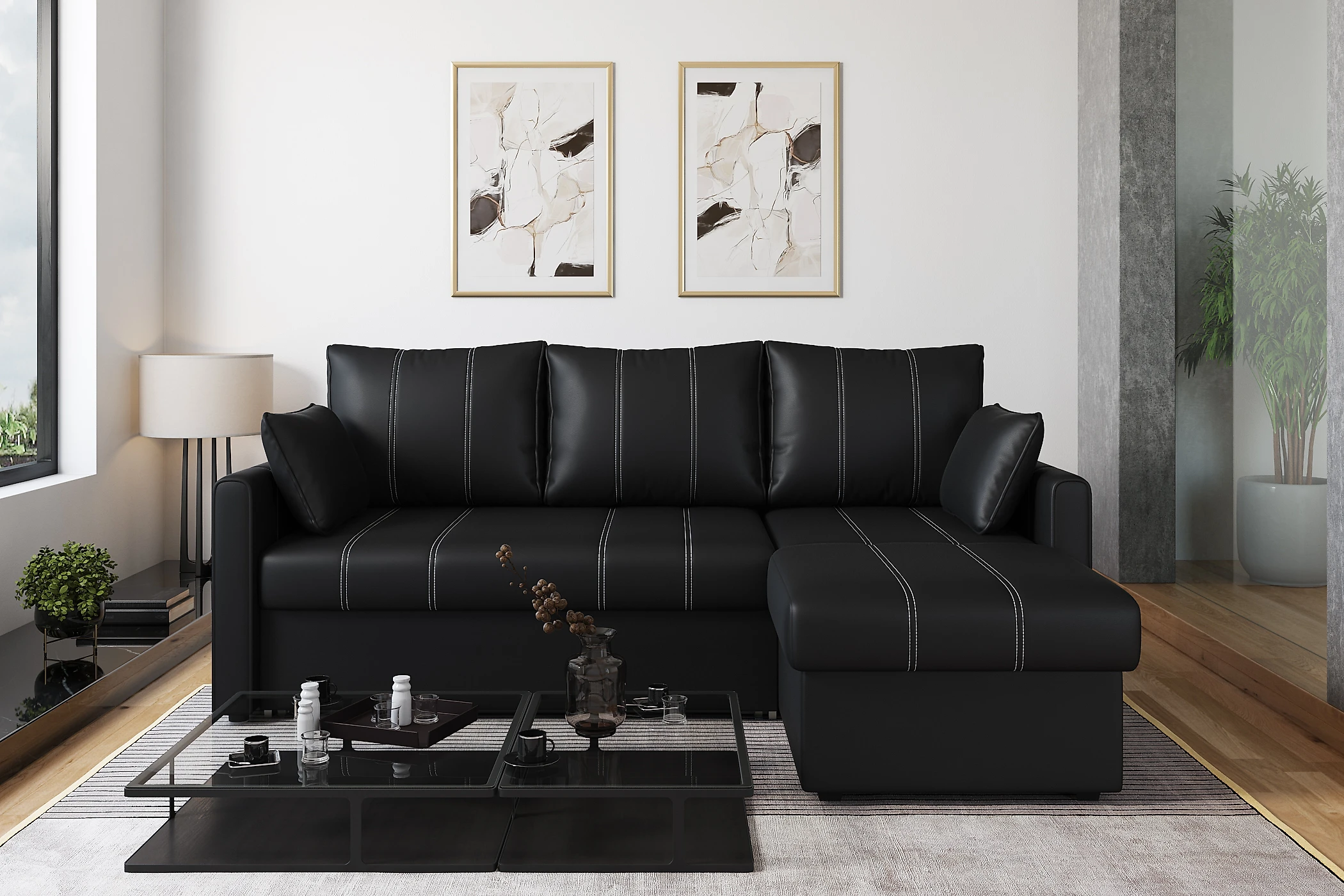 Угловой диван черно-белый Риммини Дизайн 3 кожаный