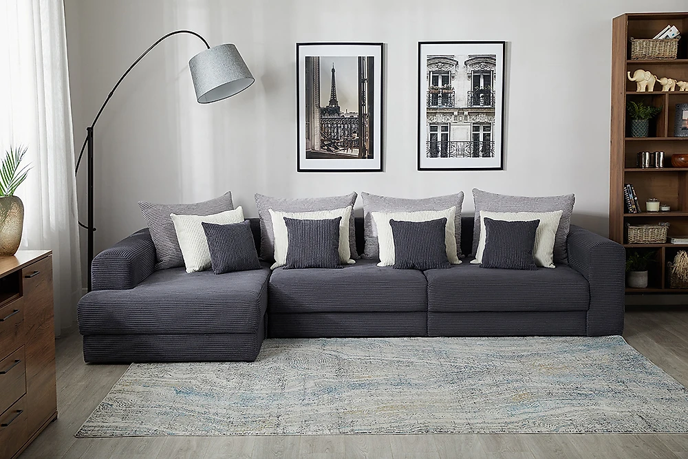Угловой диван с независимым пружинным блоком Манхеттен Люкс Плюш Графит Макси